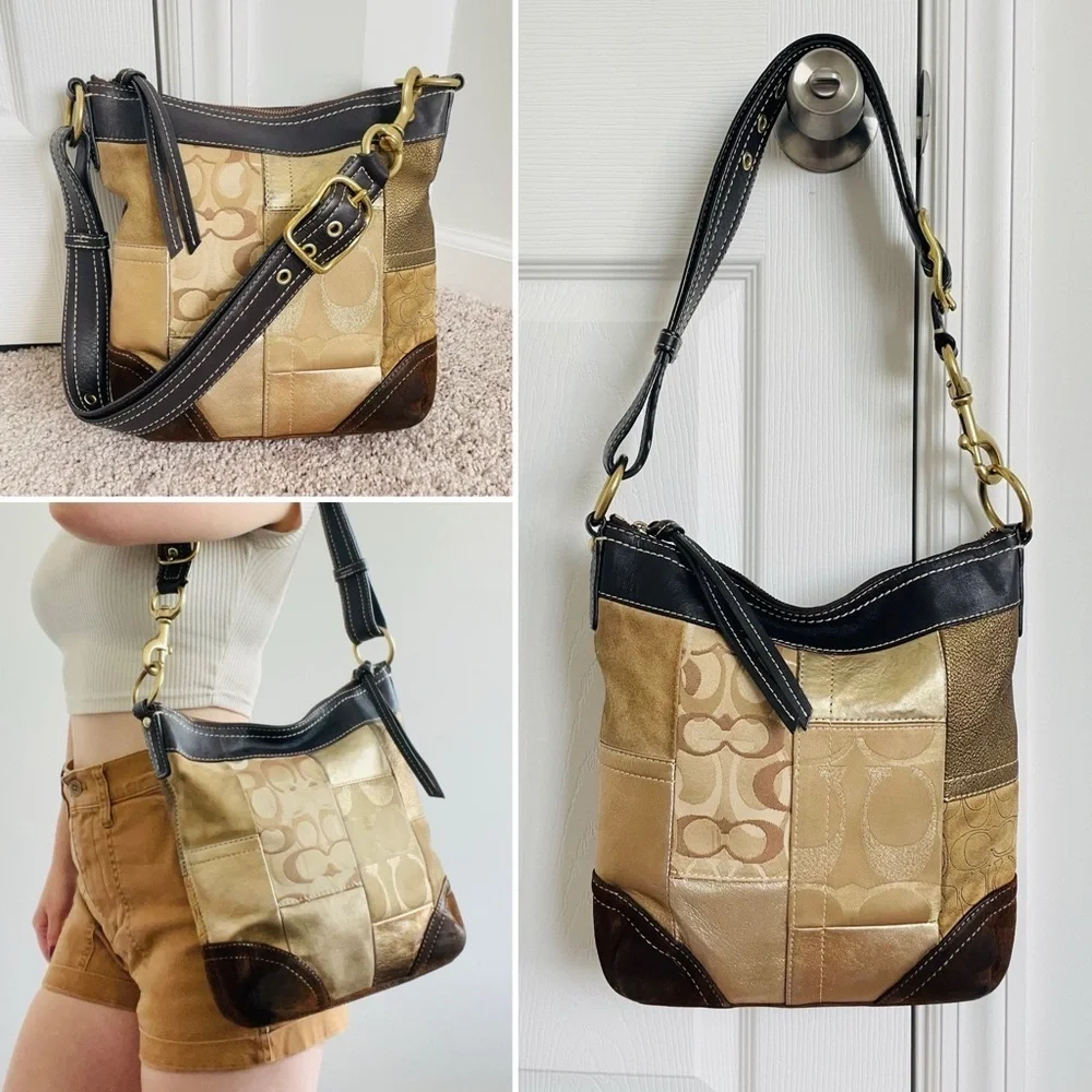 Coach Vintage Hobo Y2K Shoulder Bag Gold Brown‎ Patchwork Suede Leather Purse